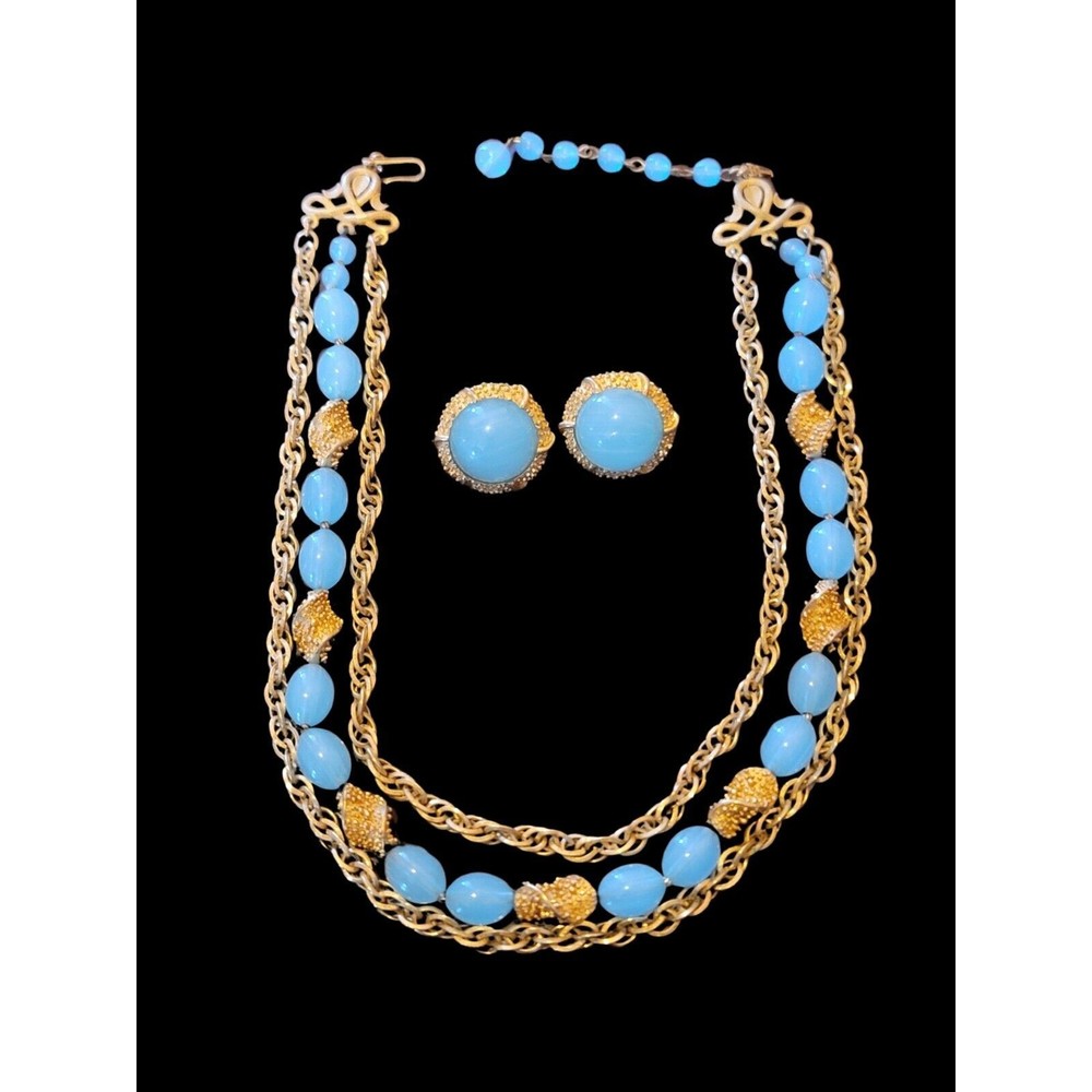 Vtg Crown Trifari Alfred Philippe Etruscan Aqua Blue Genuine Lucite Set 1960s